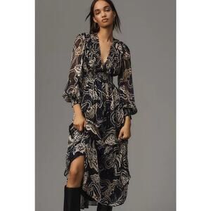 Anthropologie Printer Johnson Long Sleeve V Neck Texture Maxi Dress Navy Medium